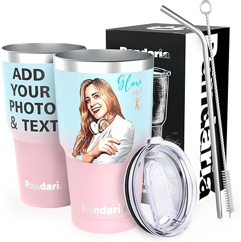 Pandaria Vaso personalizado de 30 onzas con tapa y pajita, taza personalizada de acero inoxidable de doble pared aislada al vacío, tazas de café de