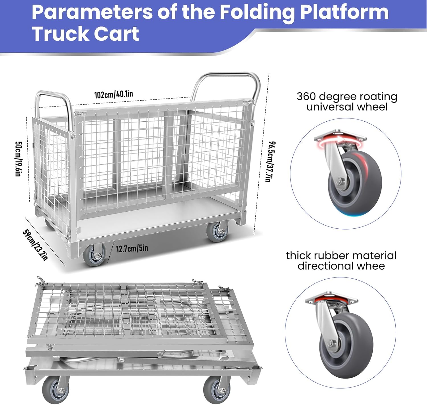 Generic 4 in 1 Platform Truck Cart with Cage, Folding demountable Load Carrier, Heavy Duty Hand Truck, Grocery/Laundry/Shelving/Warehouse Utility Vehicle, Silver