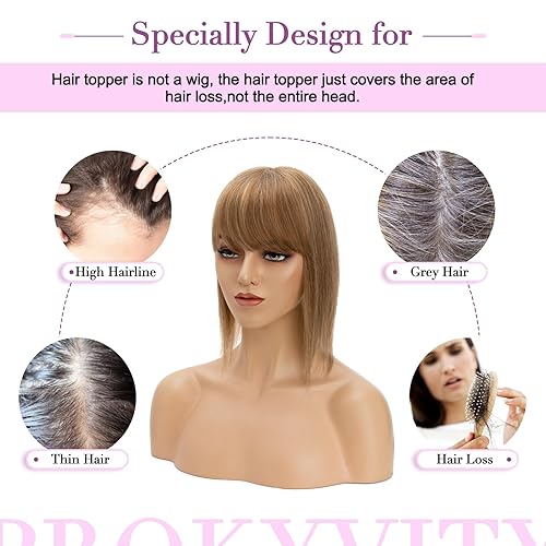 Miniatura 6 de Toppers de cabello humano real para mujer, con cabello delgado, 100% cabello humano con flequillo, 2.7 x 5.1 pulgadas, densidad del 150%, piezas de