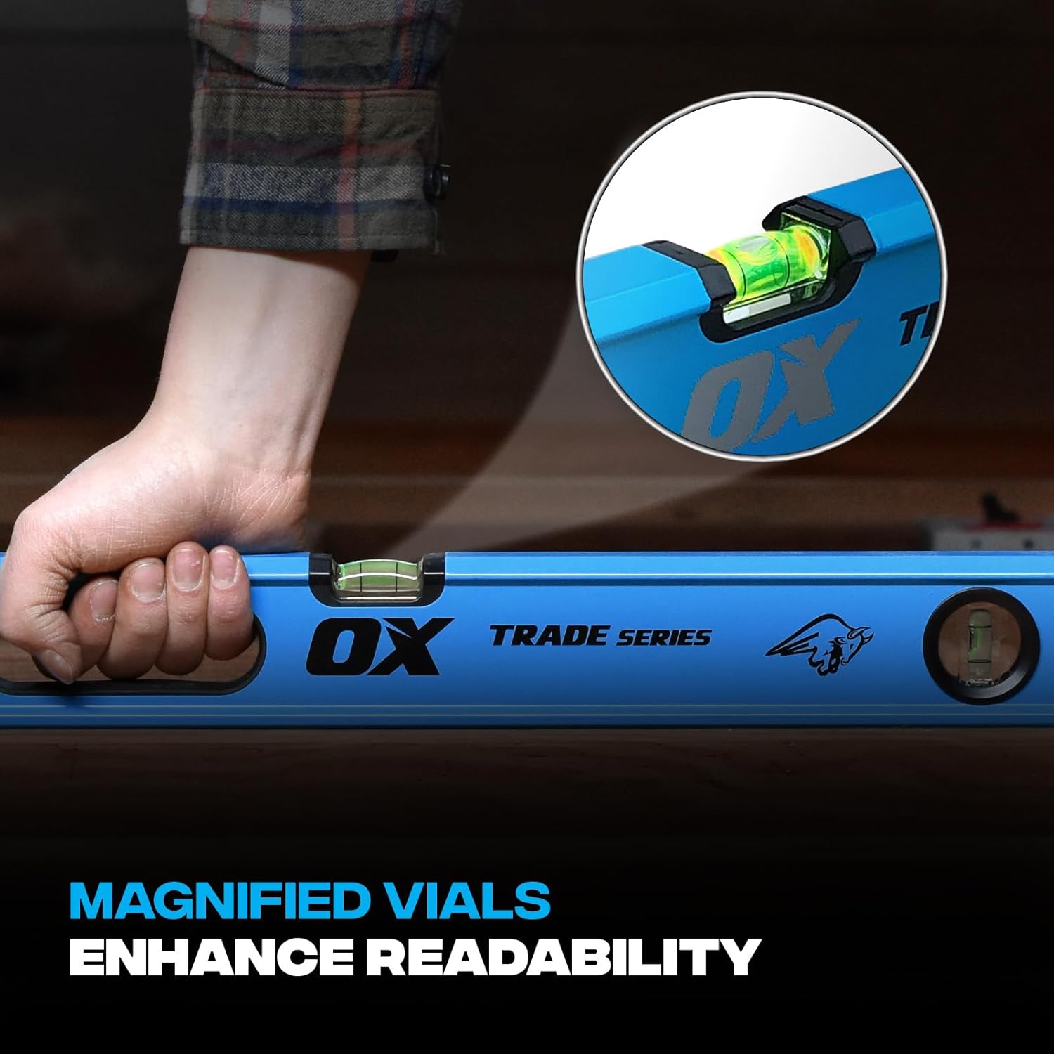 OX Trade 8 Foot Level Box Beam - Aluminum Body 96 Inch Level - Magnified Vials with Shock Absorbing End Caps - Soft Grip Handle 8ft Levels for Construction Leveler Tool