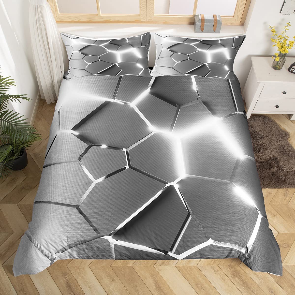 Honeycomb Bedding Set Hexagonal Ombre Silver Grey Comforter Cover for Kids Boys Girls Geometrical Duvet Cover Breathable Beehive Modern Geometric Bedspread Cover Room Decor Quilt Cover Double