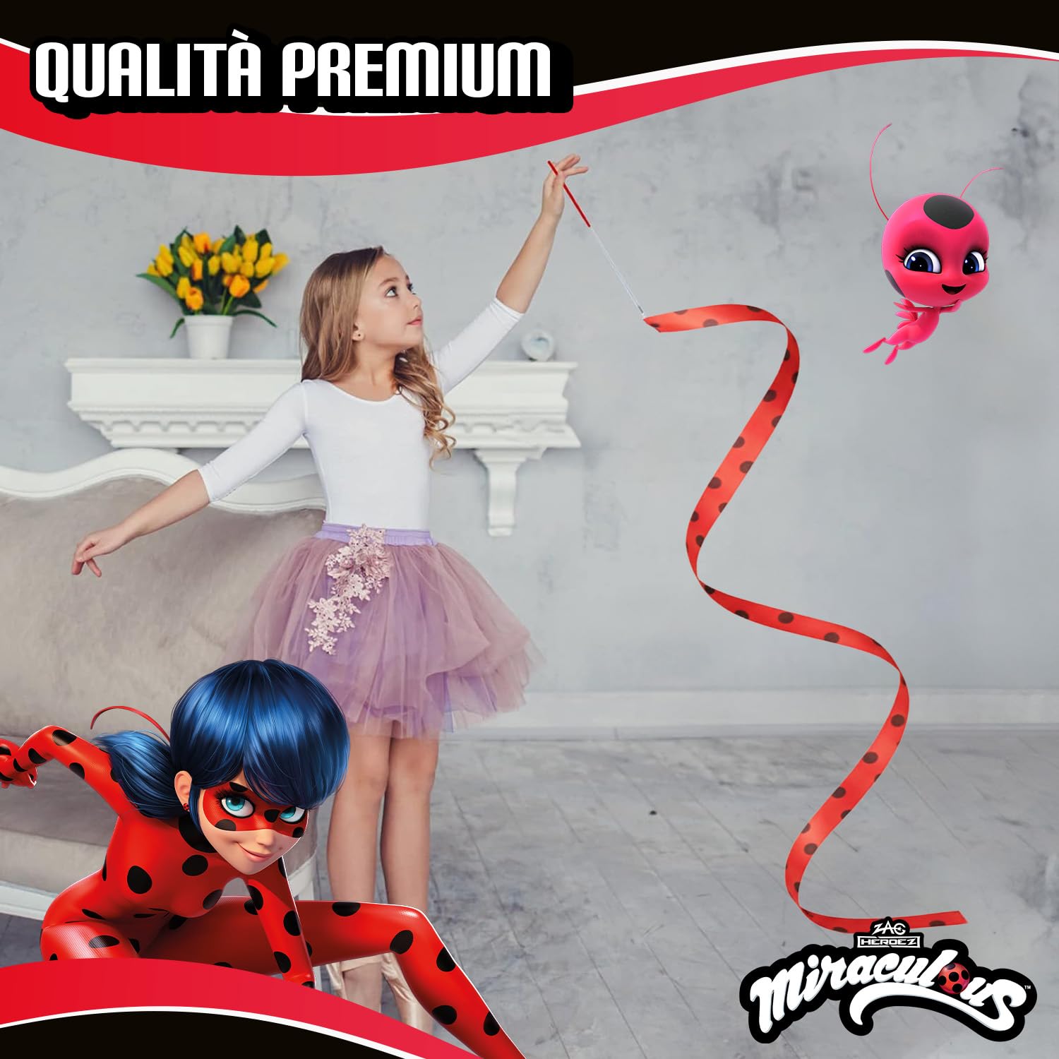 Miraculous Ufficiale – Set di 2 Nastri da Ginnastica Ladybug (2 m) – Motivo Coccinella – per Danza, Ginnastica, Ritmica, Circo, Sport – Accessori Bambini, Competizione, Allenamento – Original Corner