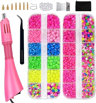 CLEKSPOYE Hotfix Rhinestones Bedazzling Kit,Iron-on Hot Fix Applicator Setter Tool with Rhinestones,Hot Fixed Wand for Clothes Clothing Fabric Crafts,Neon Set 1
