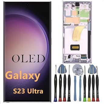 OLED Galaxy S23 Ultra Screen Replacement for Samsung S23ultra 5G Display Touch Screen Digitizer Assembly S918U S918B/DS S918U1 S918W S918E LCD Support Fingerprint and S-Pen with Purple Frame+Tools