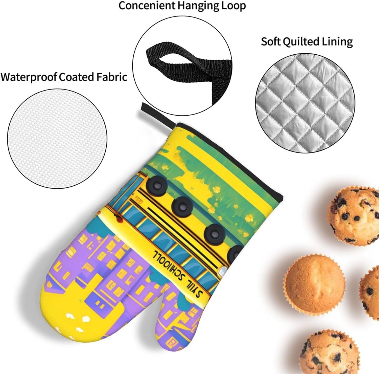 School Bus Print Heat Resistant Microwave Gloves, Used for Baking, Cooking, and Fashion Kitchen Essentials
