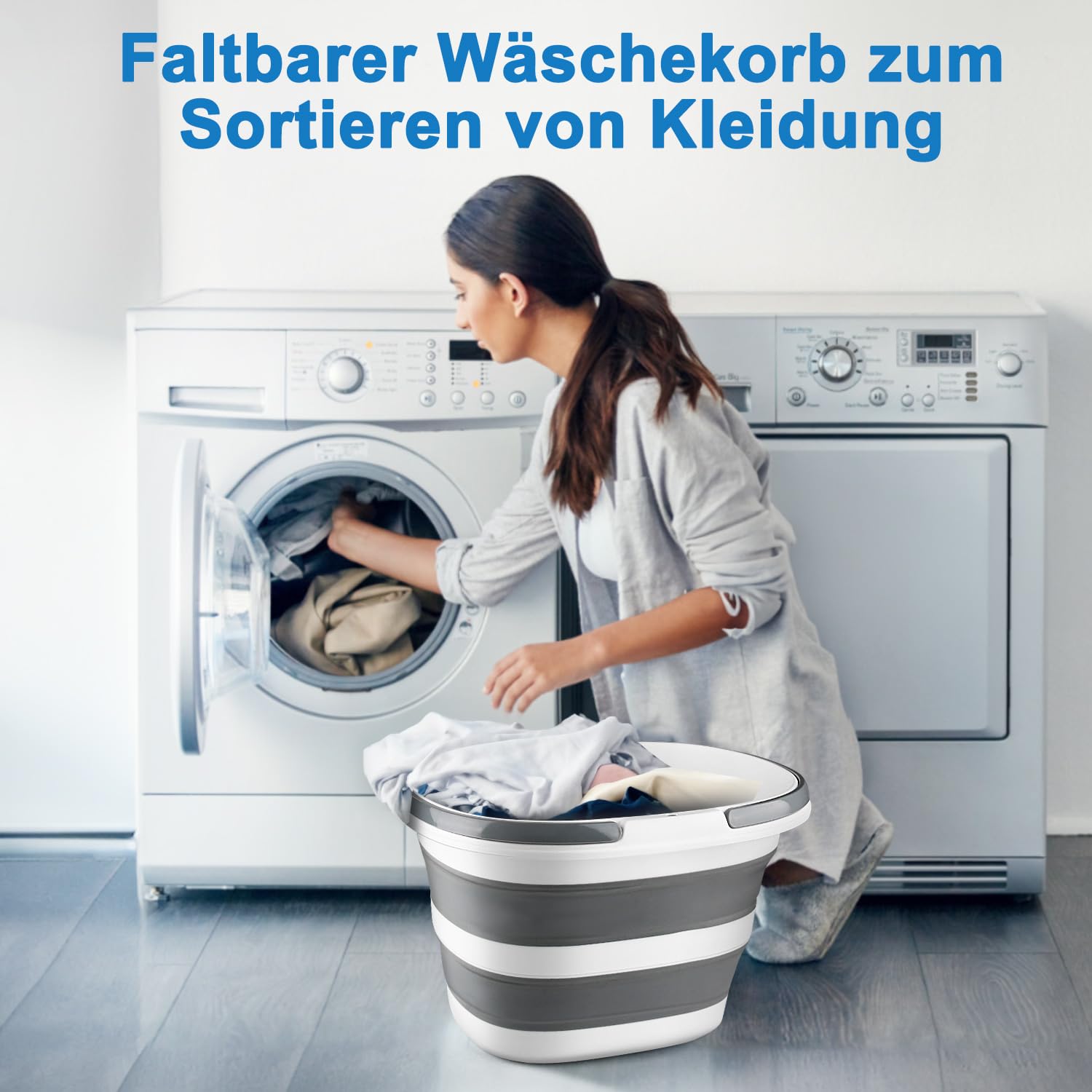 Wäschekorb faltbar mit Griff, 16 L Silikon-Falteimer, Faltbarer Eimer zusammenklappbar, Putzeimer zur Fensterreinigung, Waschschüssel für Auto, Camping, Garten, Haushalt und Wohnmobil