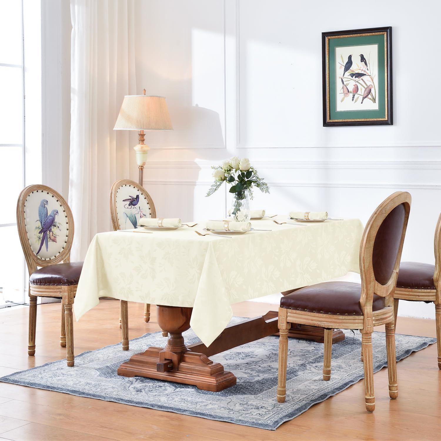Romanstile Jacquard Rectangle Tablecloth - Outdoor Waterproof Damask Floral Pattern Decorative Table Cloths Heavy Weight Fabric Table Covers for Dinner/Parties/Outdoor - 60 x 102 Inch, Ivory