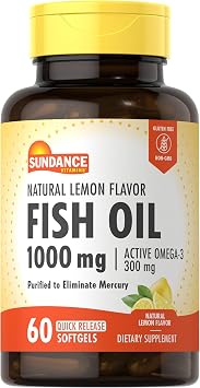 Sundance Fish Oil Omega 3 Supplement | 1000mg | 60 Softgels | with EPA & DHA | Natural Lemon Flavor | Non-GMO and Gluten Free