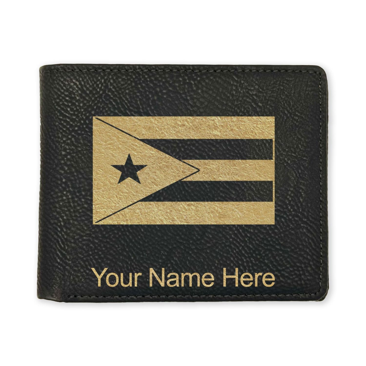 LaserGram Faux Leather Bi-Fold Wallet, Flag of Puerto Rico, Personalized Engraving Included (Black with Gold)