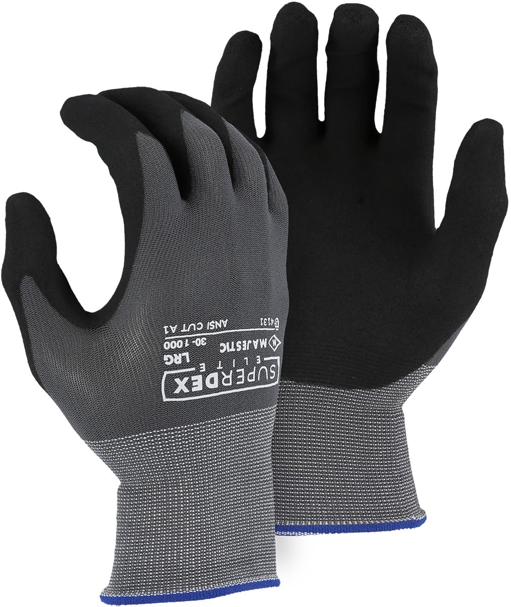 Majestic 30-1000/L Superdex Premium Foam Nitrile Palm Dip Glove, Nylon and Spandex Shell, Abrasion Resistant, Anti-Slip Technology Provides Grip, Large, Gray