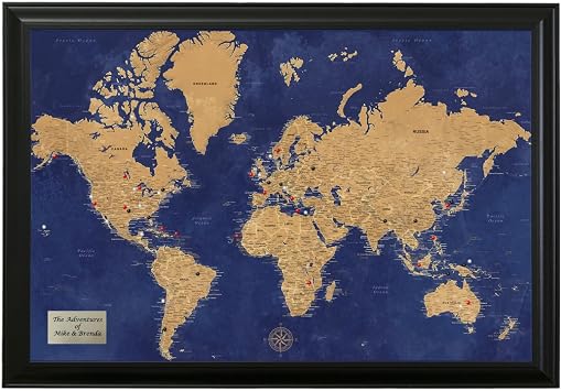 Gold & Navy World Map Pin Board Personalized Framed Travel Tracker Map with Pins for Wall Decorative World Map with 150 Pins WallArt for Home or Office 27.5" x 39.5" - Black Frame