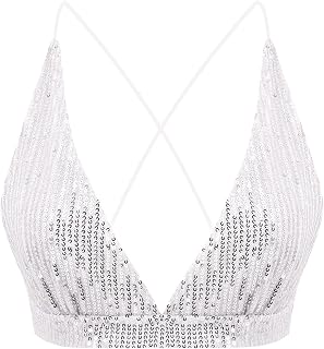Women’s Sexy Sequin Crop Top V Neck Bandage Tank Top Bustier Cami Dance Bra Top for Club Rave