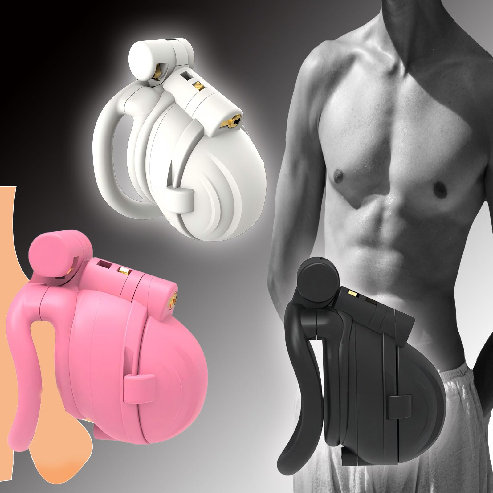 Cage de Chasteté en Résine de Nylon avec 30 Dents et 2 Serrures Cachées SM Jouets Sexuels Masculins Cage de Pénis avec 4 Anneaux Amovibles pour L'entraînement du Pénis Masculin (Arc Ring,Pink)