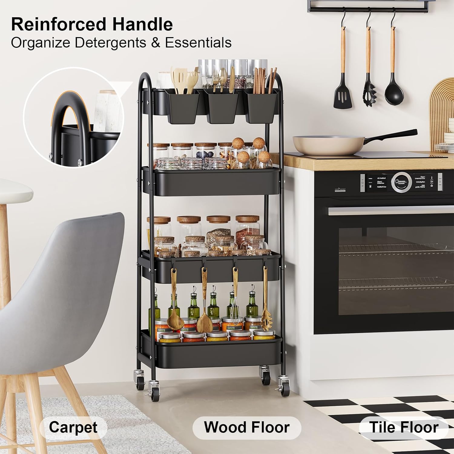 Black 4 Tier Rolling Cart Metal with Lockable Wheels, Four Tiered Tall Storage Rolling Cart on Wheels, Heavy Duty Utility Organizer Carts for Laundry, Kitchen, Dorm, Craft, Art, Snack,Mesh Basket,38in