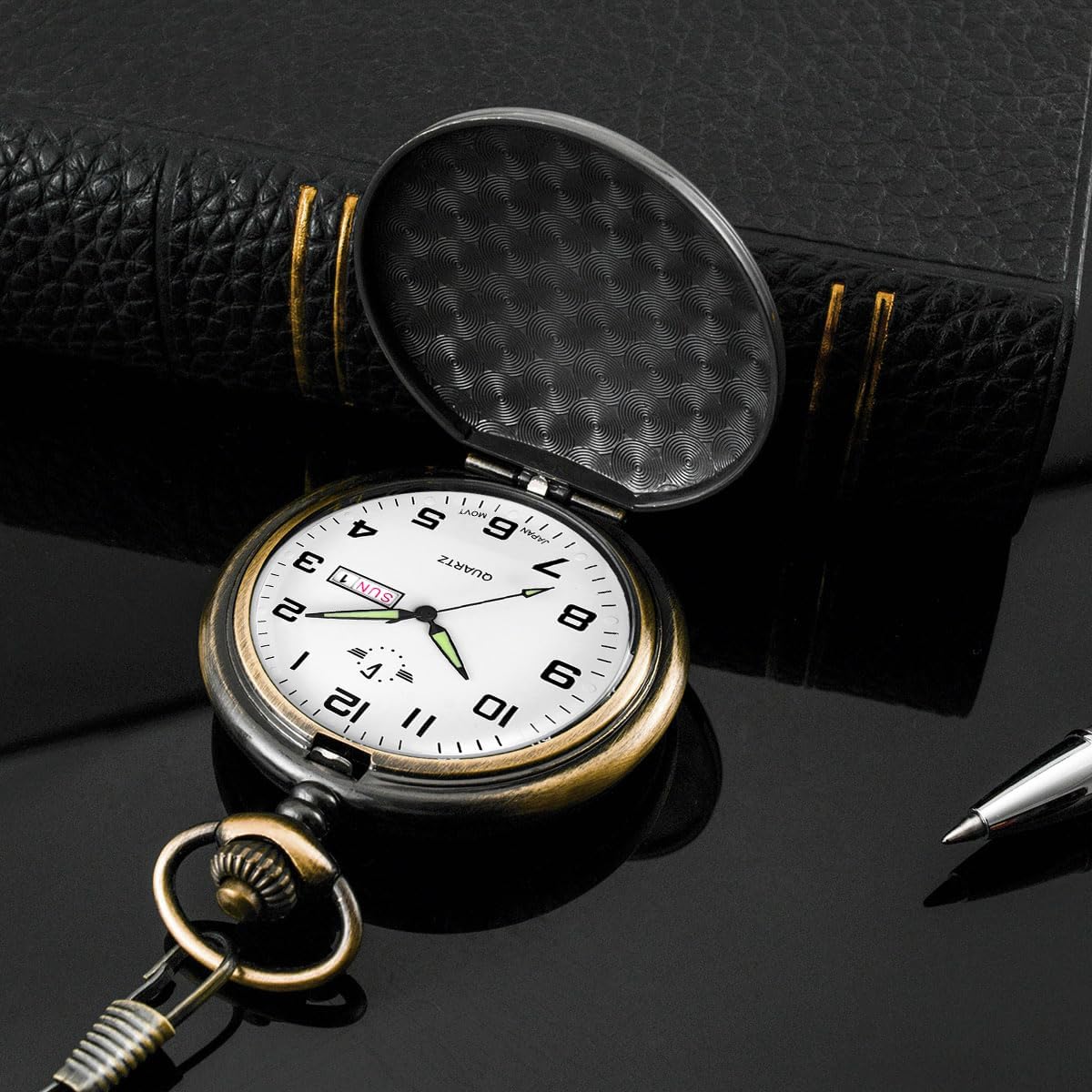 BOSHIYA Men's Hollow Quartz Pocket Watch Classic Arabic Digital Luminous dial & Date Pocket Watch with Chain Christmas Graduation Birthday Gift