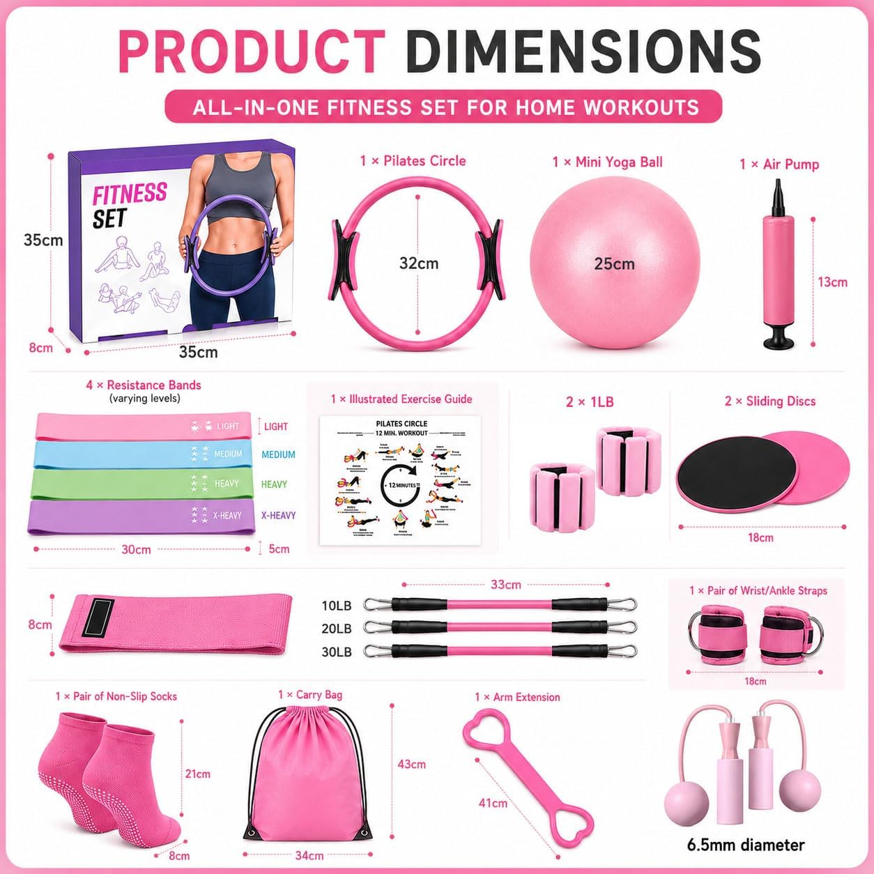 21-in-1 Pilates Equipment Set for Women, 15" Pilates Ring with Yoga Ball, Resistance Bands, Adjustable Ankle Weights, Exercise Sliders, Ropeless Jump Rope, Home Workout Equipment Kit