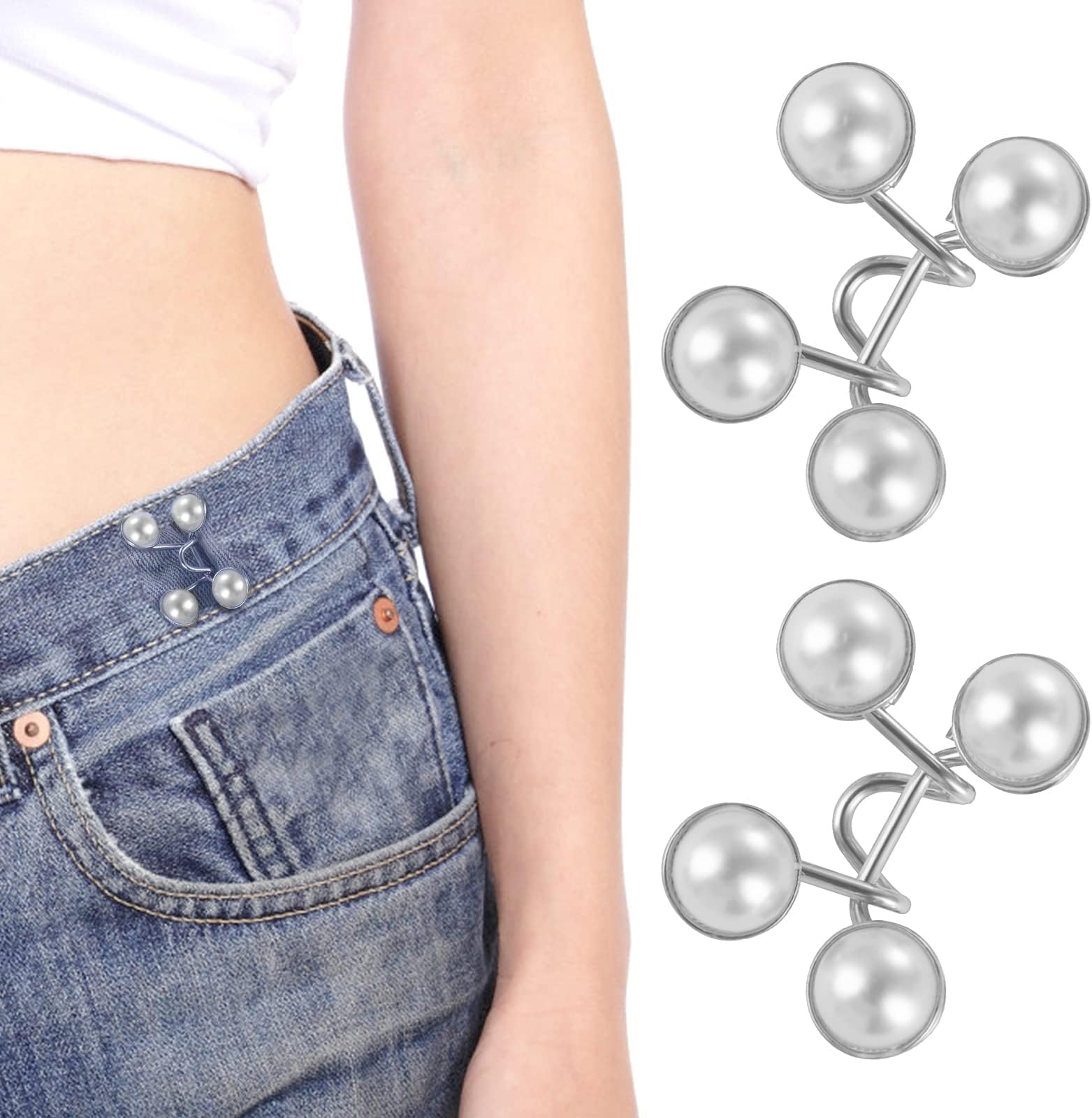 Sichumaria Adjustable Jean Button,2 Sets Jean Button Pins,Adjustable Waist Buckle Extender for Jeans,Waist Tightener Instant Clips for Loose Jeans Skirts(White Pearl)