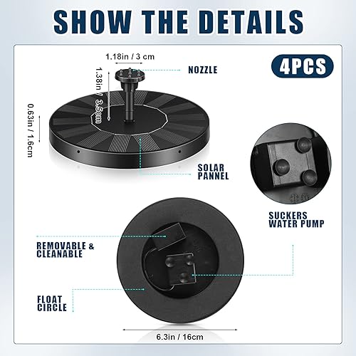 Miniatura 2 de Kittmip Paquete de 4 fuentes solares de baño para pájaros, fuente solar con 6 boquillas, fuente de agua solar, panel de fuente solar flotante,
