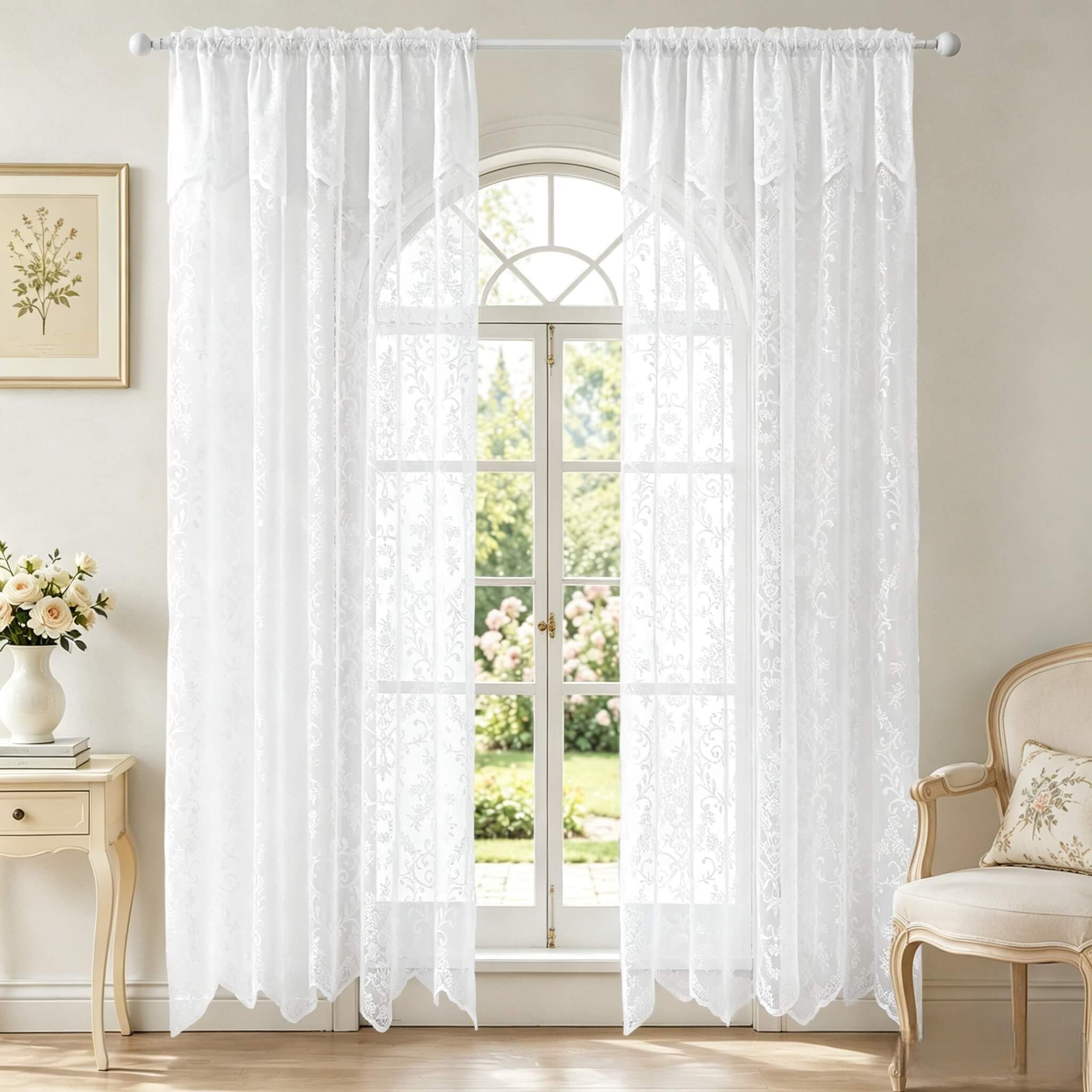 WUBODTI White Lace Curtains with Valances 2 Panels, Floral Embroidered Semi Sheer Drapes Rod Pocket Lace Tulle Window Curtain with Attached Valance for Living Room Bedroom Balcony, 60" W x 90" H