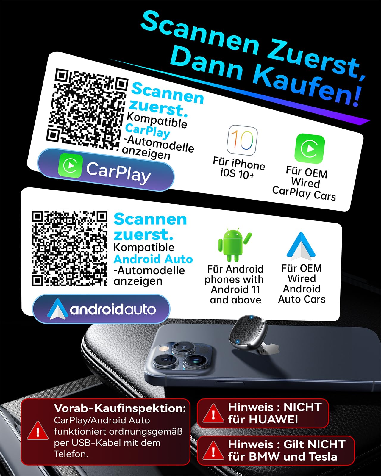 Wireless Carplay & Android Auto Adapter 2-in-1, 1-klick-Benutzerwechsel, Mavlou 2026 Ultra-Mini Dongle, Convert Wired CarPlay/Android Auto zu Wireless, für iOS 10+/Android 11+ & Autos ab 2016