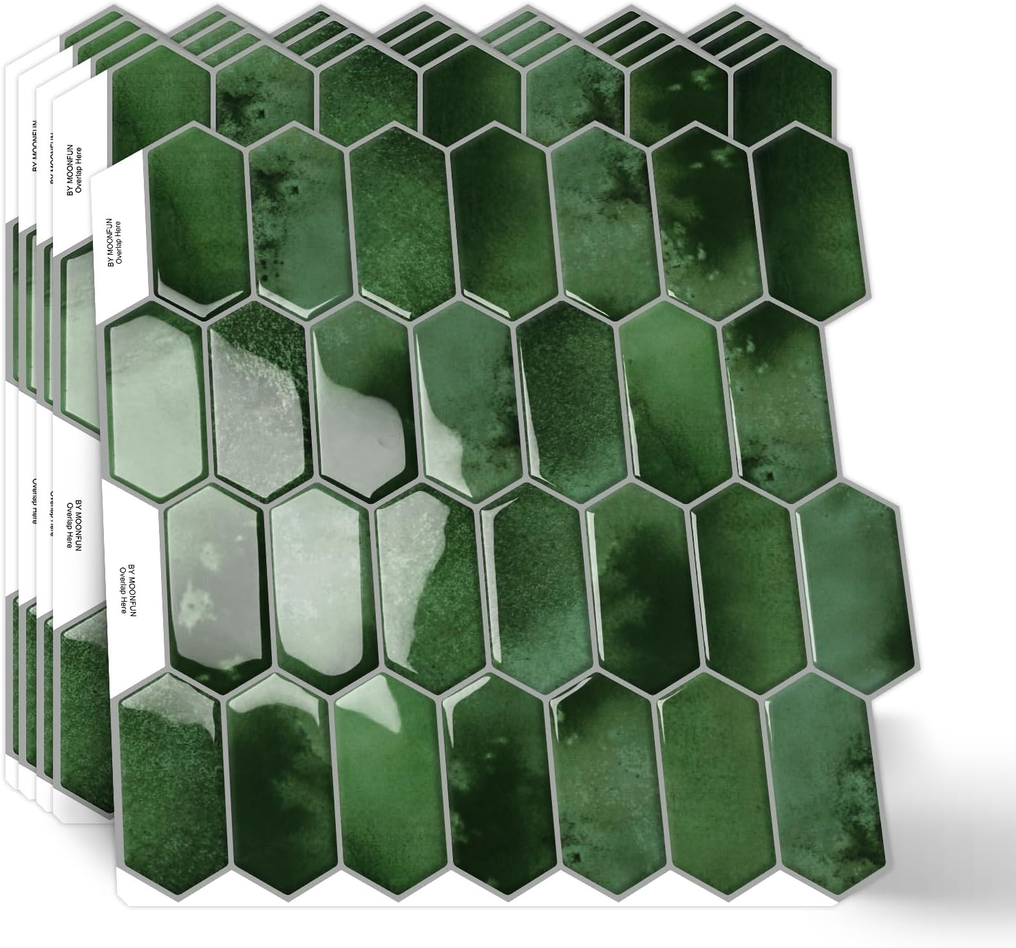 10-Sheet Long Hexagon Peel and Stick Kitchen Backsplash Tiles,3D Waterproof Self-Adhesive Wall Tile Stick on Backsplash for Kitchen, Bathroom, Fireplace,RV(Dark Green,12"×12")