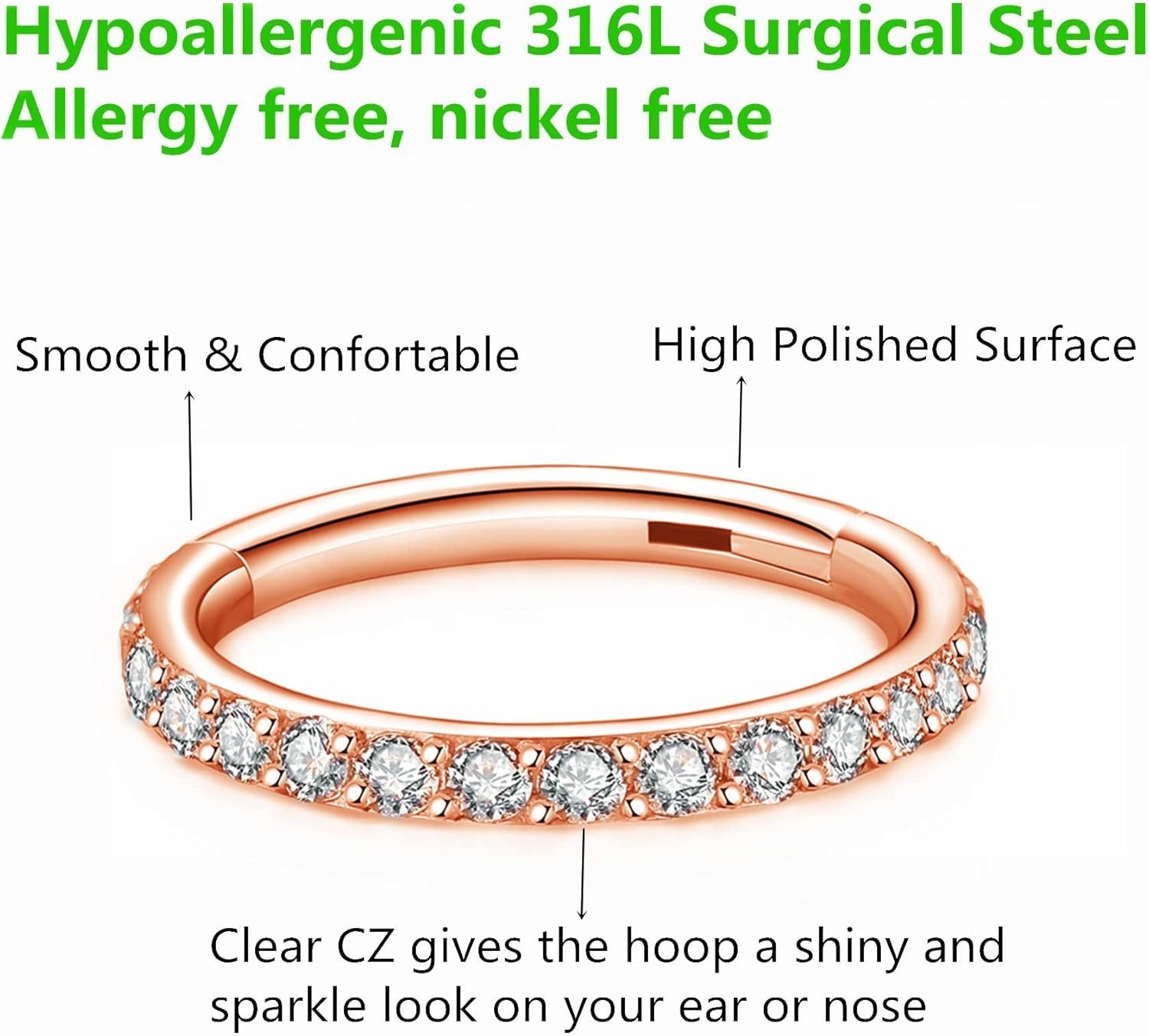 Clear CZ Nose Rings & Earrings - 316L Surgical Steel - Cartilage, Conch, Daith, Helix, Rook, Tragus, Lobe & Snug Body Piercing Jewelry - 20G, 18G - Image 3