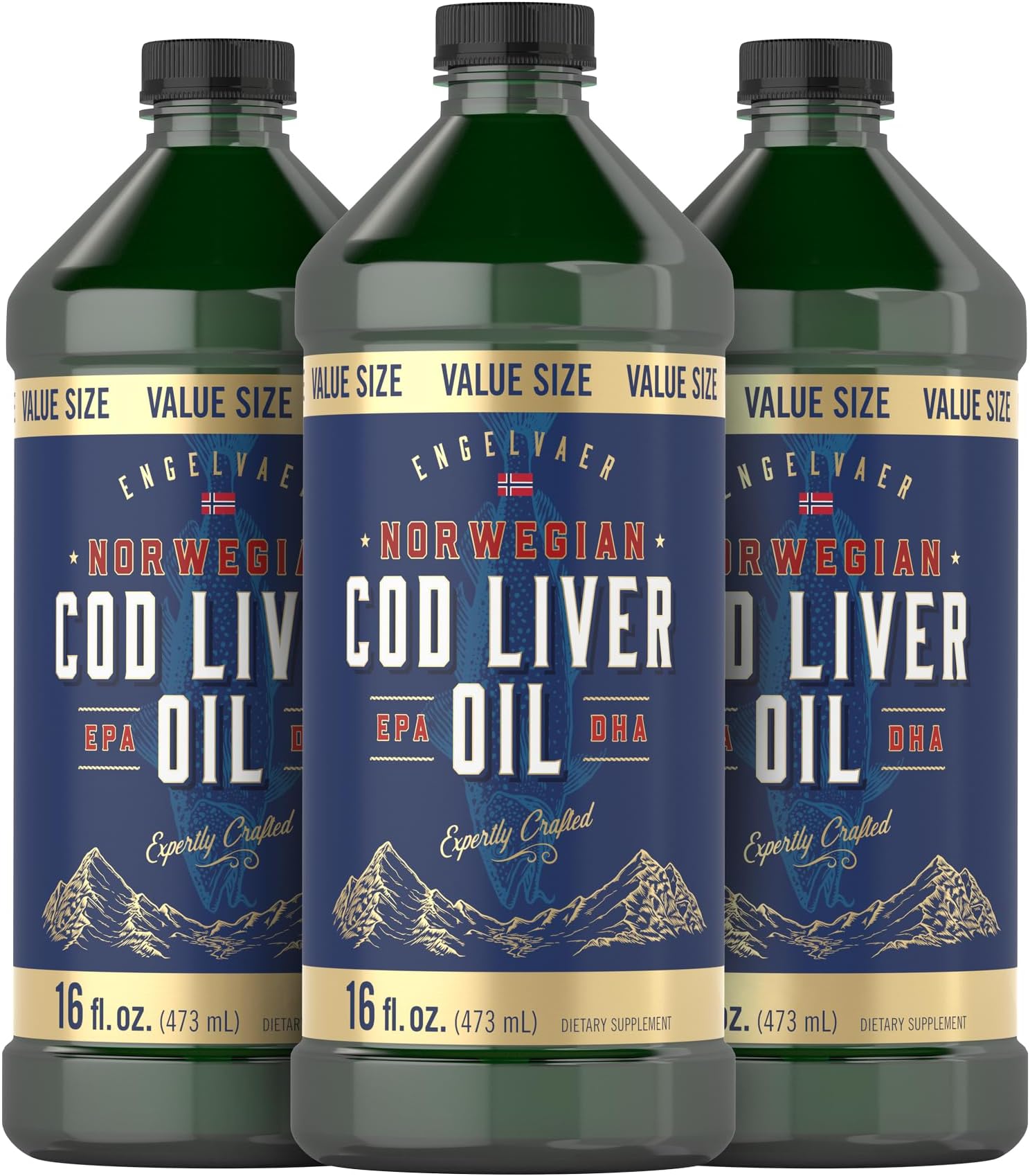 Norwegian Cod Liver Oil | 16oz | Pack of 3 Bottles | Liquid Unflavored Fish Oil Supplement | Non-GMO, Gluten Free