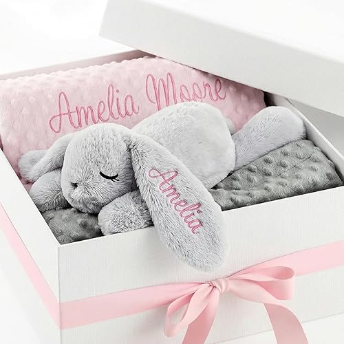 Personalized Baby Blanket and Plush Bunny Set, Custom Baby Blankets