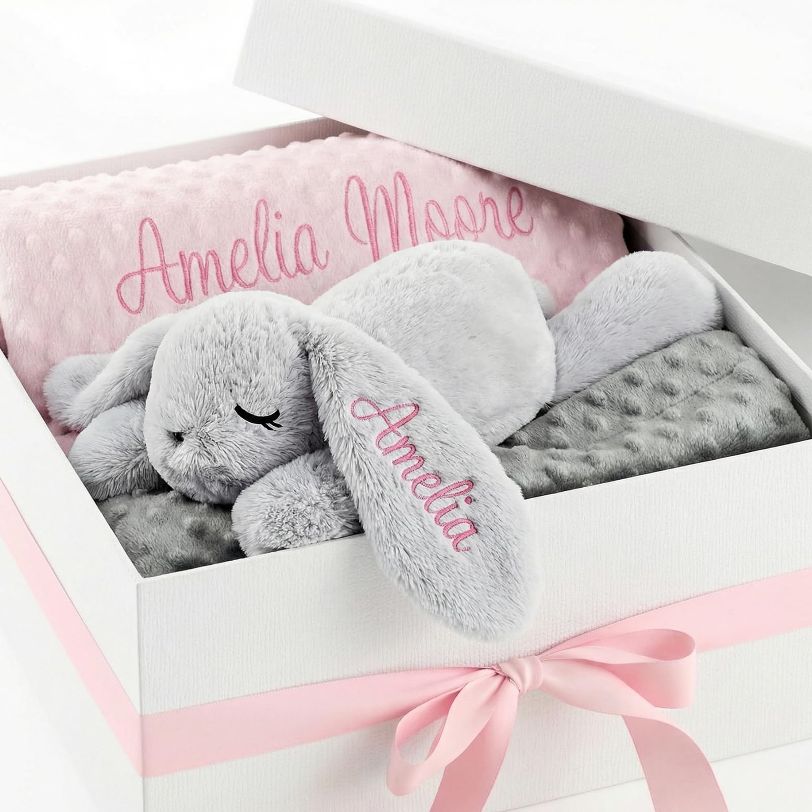 Personalized Baby Blanket and Plush Bunny Set, Custom Baby Blankets and Rabbit with Name, Personalized 2 in 1 Gift Set for Boy Girl Toddlers, Minky Dot Swaddle, Gift Set for Showering, Birthday