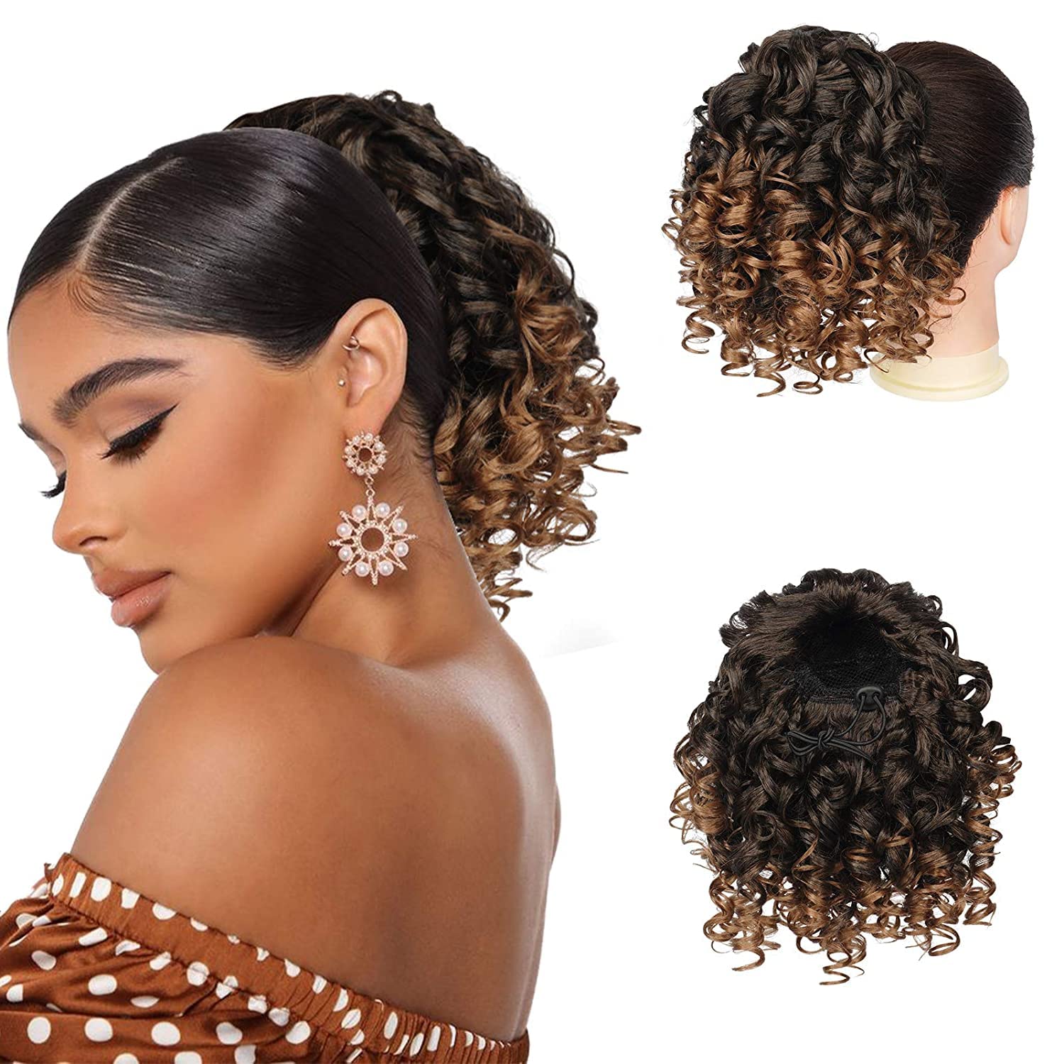 PEACOCO Curly Ponytail Extension Drawstring Ponytails for Black Women - 6 Inch Pony Tail Clip on Ponytail Synthetic Short Afro Hairpiece for Daily Use