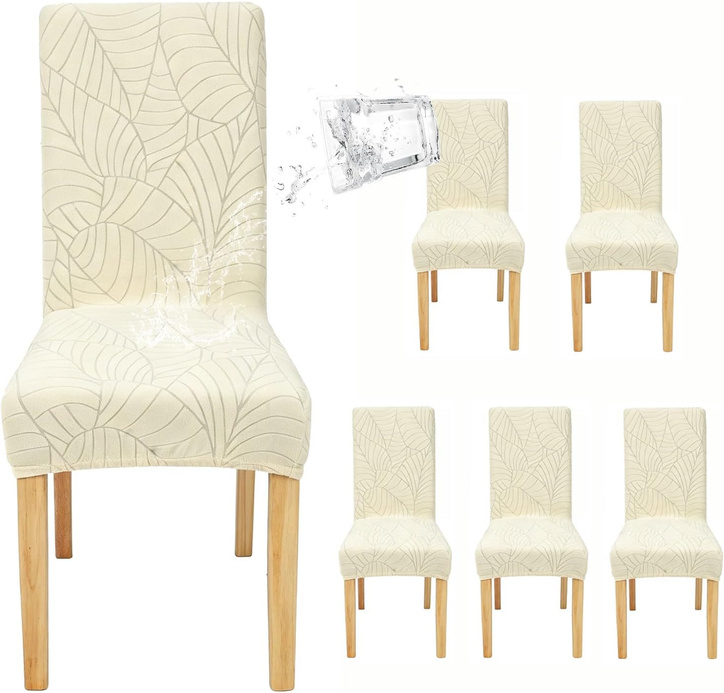 Waterproof Dining Chair Covers Set of 6, Stretch Parson Chair Slipcovers for Kitchen/Dining Room, Seat Covers for Chairs with Anti-Slip, Ideal for Party & Daily Use, Leaves-Black