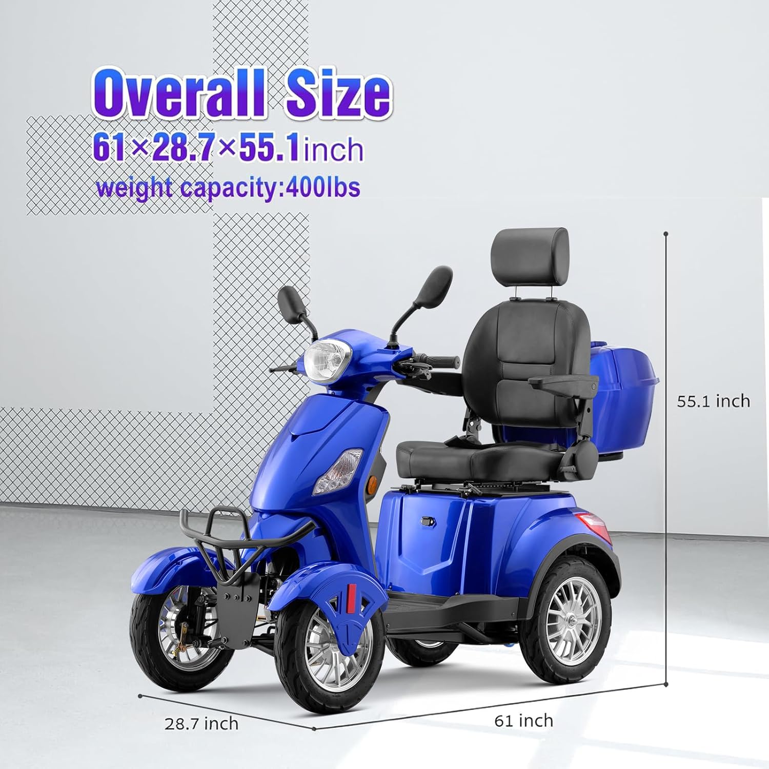 SUNDERWELL EX01 scooter with overall size dimensions labeled