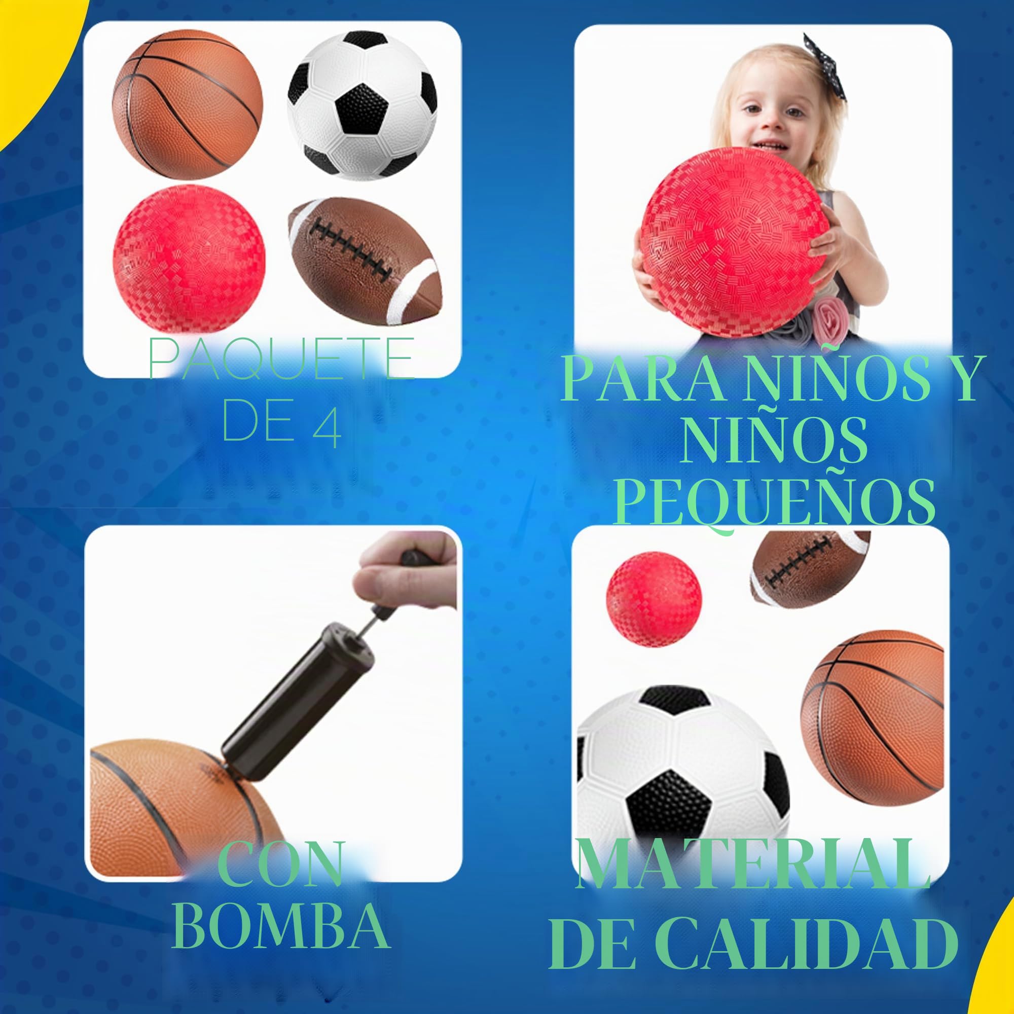 Bedwina Pelotas deportivas con bomba de mano para niños, (paquete de 4) Juego de pelotas deportivas de goma de 6 pulgadas de diámetro que incluye fútbol, pelota de fútbol, baloncesto y parque infantil