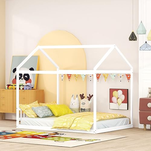 Harper & Bright Designs Marco de cama de casa tamaño Queen, marco de cama Montessori de madera con cabecero, cama de piso para niños y niñas,