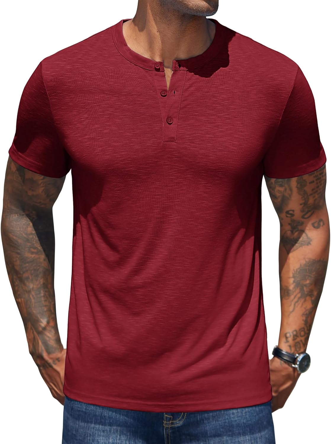 COOFANDY Men Casual Henley Tee Shirts Slim Fit Henley Shirt Short Sleeve Button Tee Big and Tall Lightweight T-Shirts Wine Red