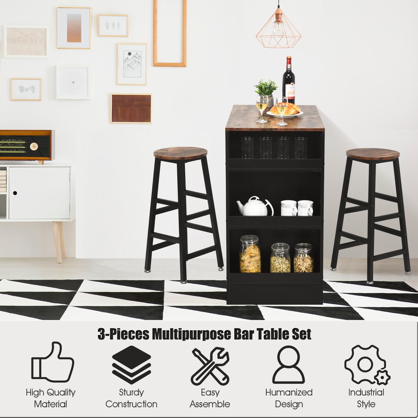 Set Tavolo E 2 Sgabelli Da Bar HOMASIS - Legno E Metallo, Design Industriale, Per Cucina E Soggiorno - Foto 4