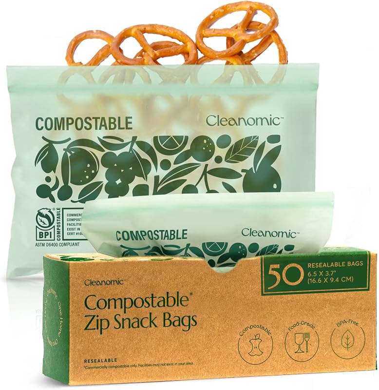 Bolsas de almacenamiento de alimentos Cleanomic compostables* tamaño refrigerio (50 Eco Zip) a prueba de congelador y fugas, también disponibles bolsas tamaño galón, cuarto y sándwich