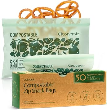 Cleanomic Compostable* Snack Size Food Storage Bags 50 Eco Zip Freezer and Leak Proof, Also Available Gallon, Quart and Sandwich Size Bags