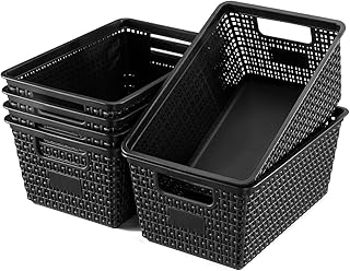 Set of 6 Baskets For Organizing, Plastic Storage Bins and Small Basket for Organization and Storage Shelves Drawers Desktop Closet Playroom Classroom Office, Black