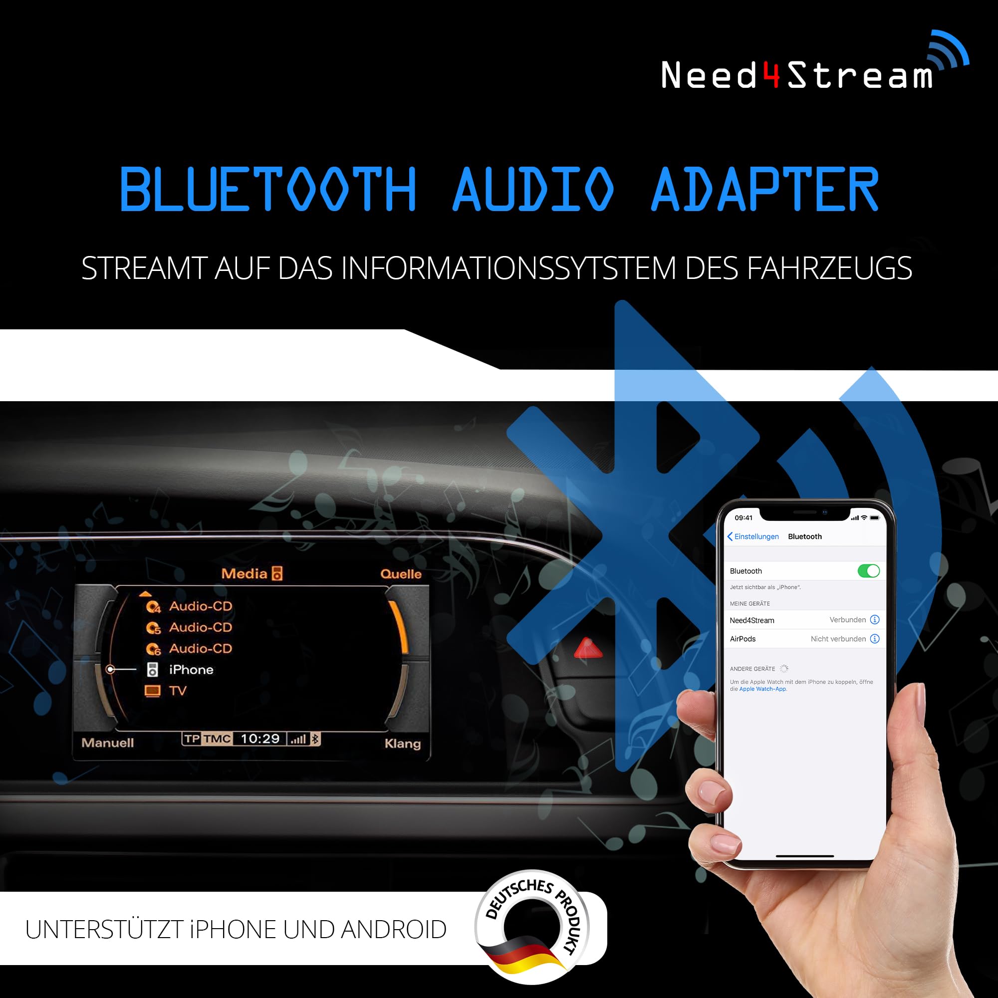N4S300A V5.0 A2DP Bluetooth Audio Interface mit Titellisten, kompatibel mit Audi Music Interface, MMI 3G, 3G+, Symphony, Concert, RNS-E, BNS5.0 und VW Media-In