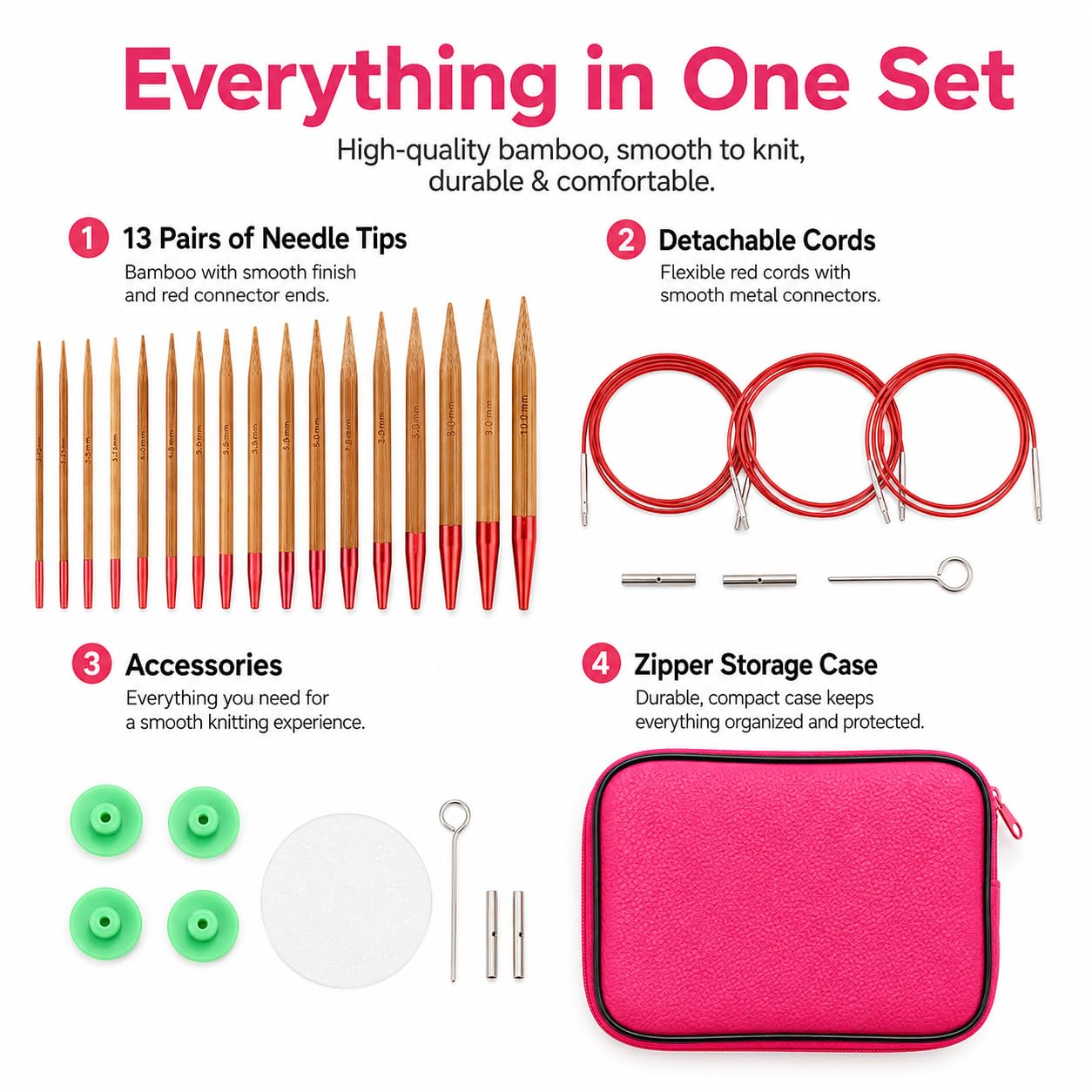 LetCart Juego de Agujas de Punto Circular, 13 pares Agujas de Tejer Circulares de Bambú con Accesorios de Tejer, para Principiantes y Profesionale, con Bolsa