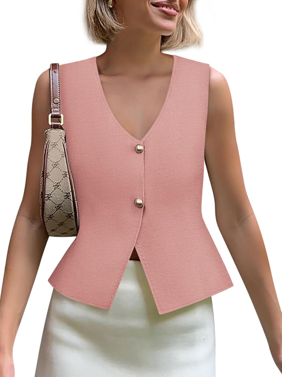 Yousify Womens Sweater Vest V Neck Button Down Crop Knit Tank Top Fashion 2025 Sleeveless Basic Cardigans