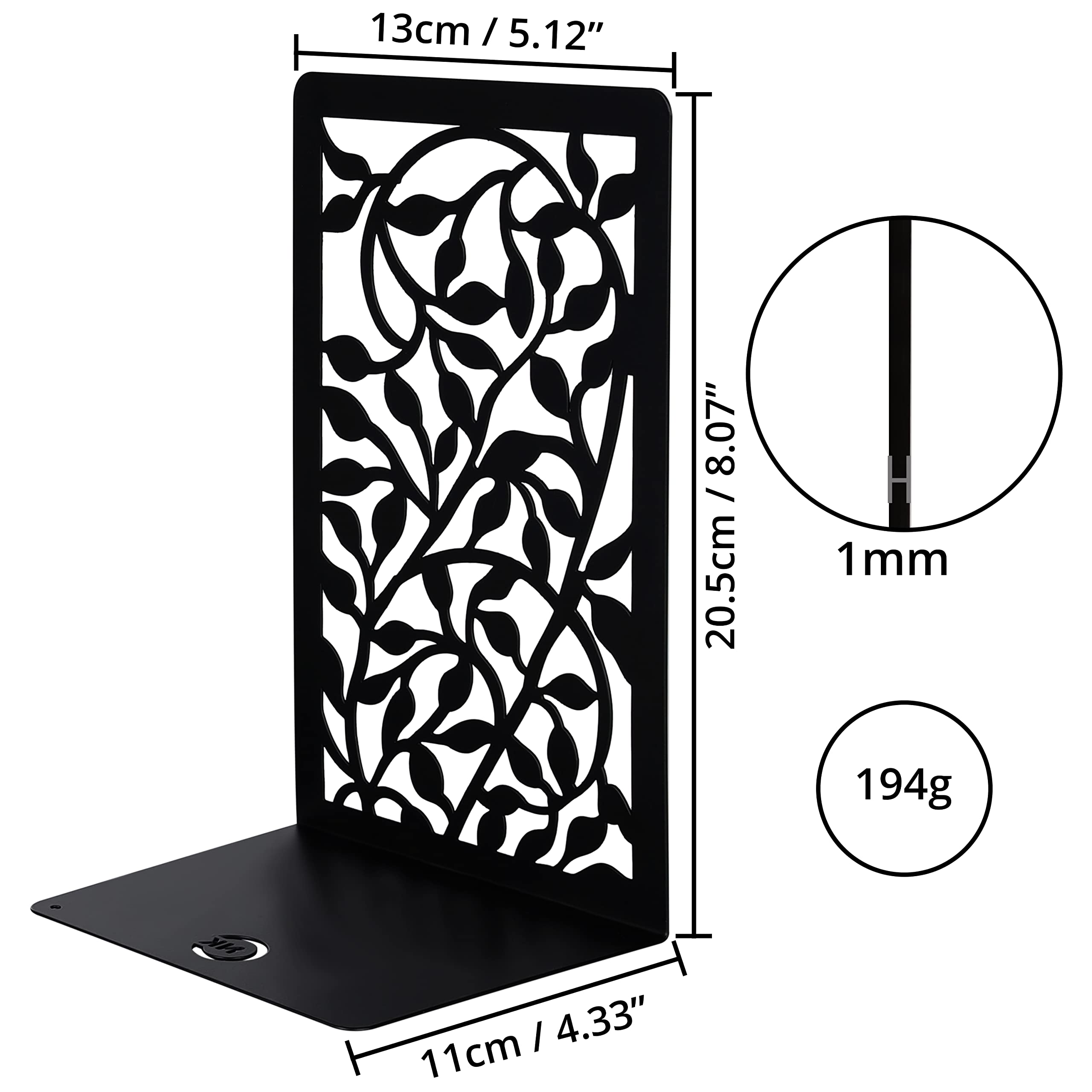 Belle Vous Black Metal Heavy-Duty Bookends with Floral Pattern (1 Pair) - Image 2