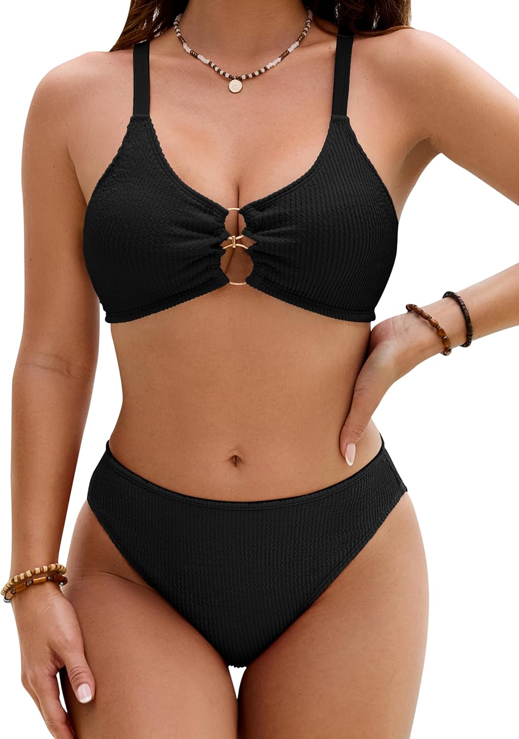 Blooming Jelly Womens Sexy Ribbed Bikini Sets Cutout O-Rings Bathing Suit Cheeky High Cut Textured Two Piece Swimsuit