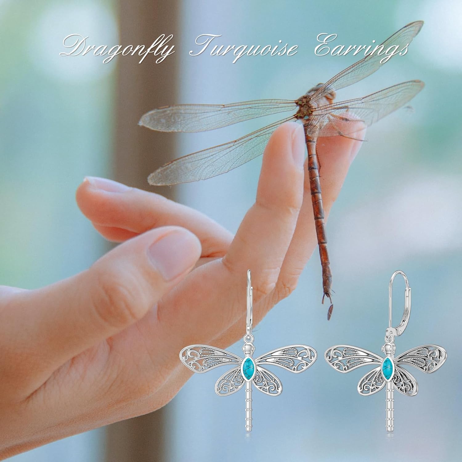 Dragonfly Turquoise Earrings 925 Sterling Silver Genuine Teardrop Turquoise Dangle Earrings Jewelry Gift for Women - Image 6
