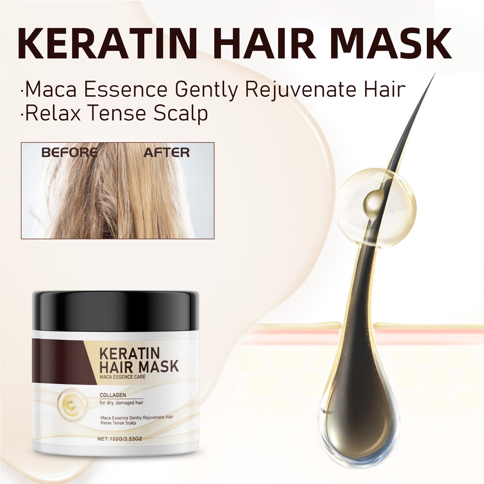 Grospe Professional Keratin Hair Mask - Hair Treatment Mask for Dry Damaged Hair - Repair Nourishment Beauty - All Hair Types Masque - 3.5 OZ