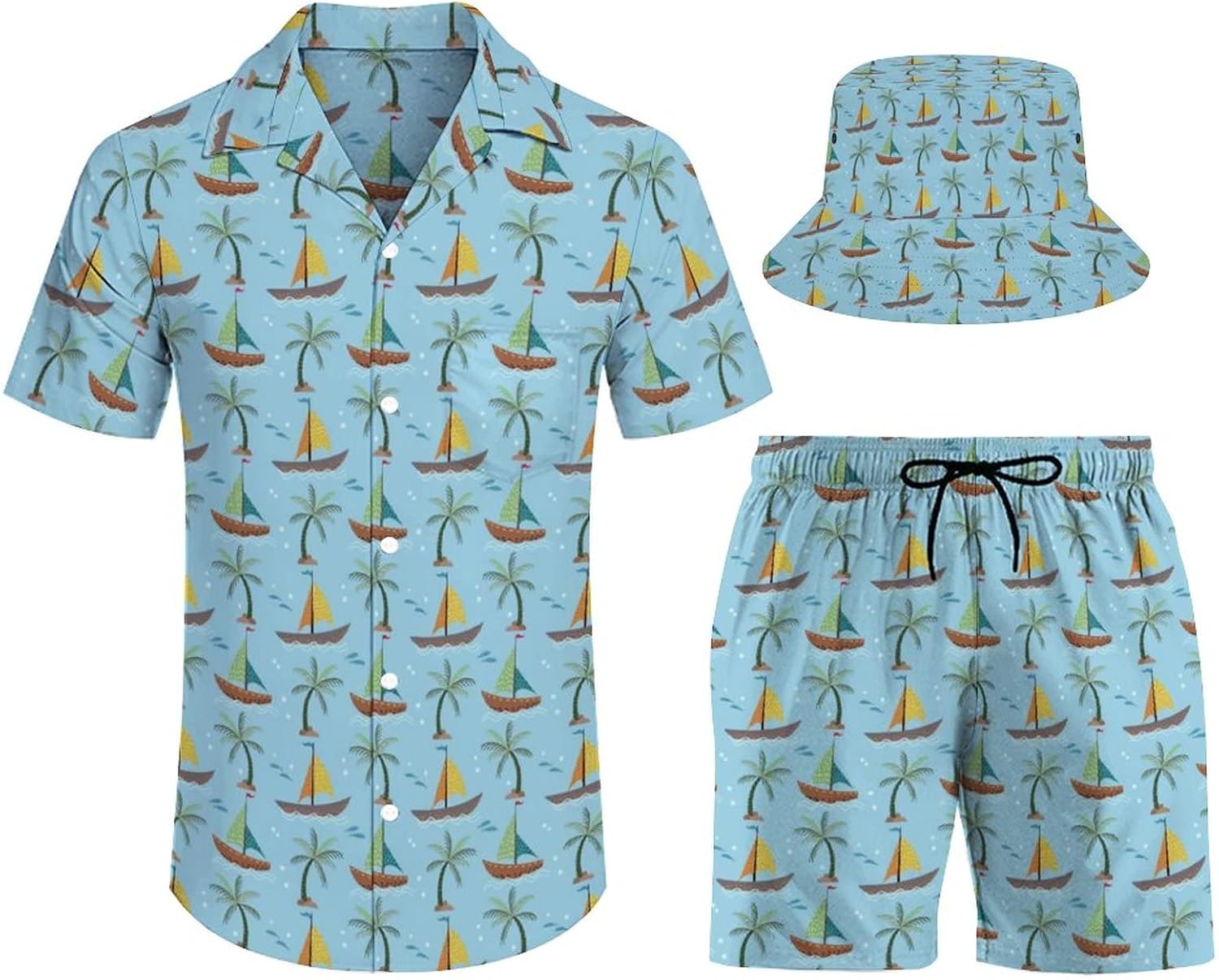 Ensemble Hawaïen Homme Chemise Fleurie + Short + Chapeau Cloche - Style Été Parfait