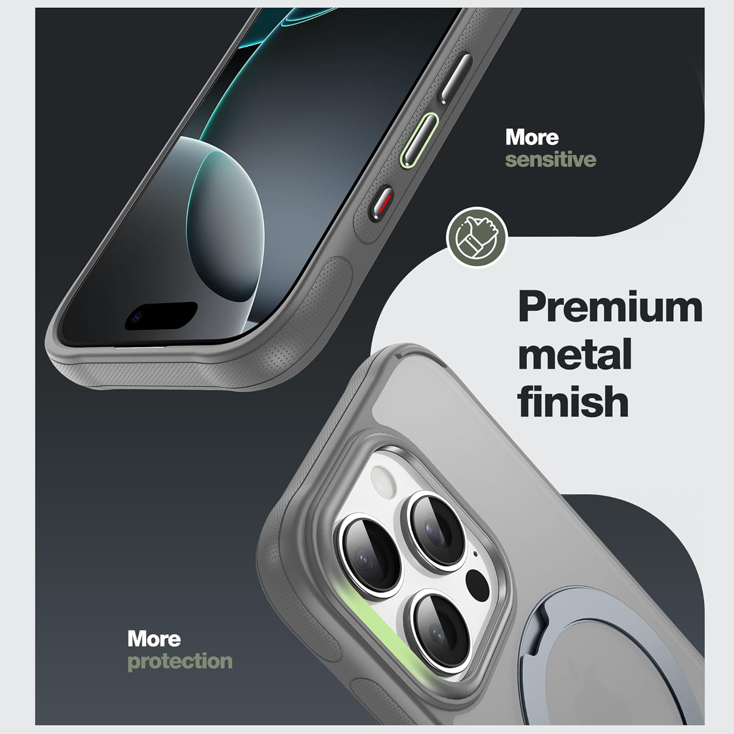 Tapify Magnetic Stand Case for iPhone 16 Pro, with 360° Rotatable Invisible Ring Kickstand, Compatible with MagSafe, Military Grade, Non-Slip Soft Edge Translucent Matte Phone Case, 6.3", Gray