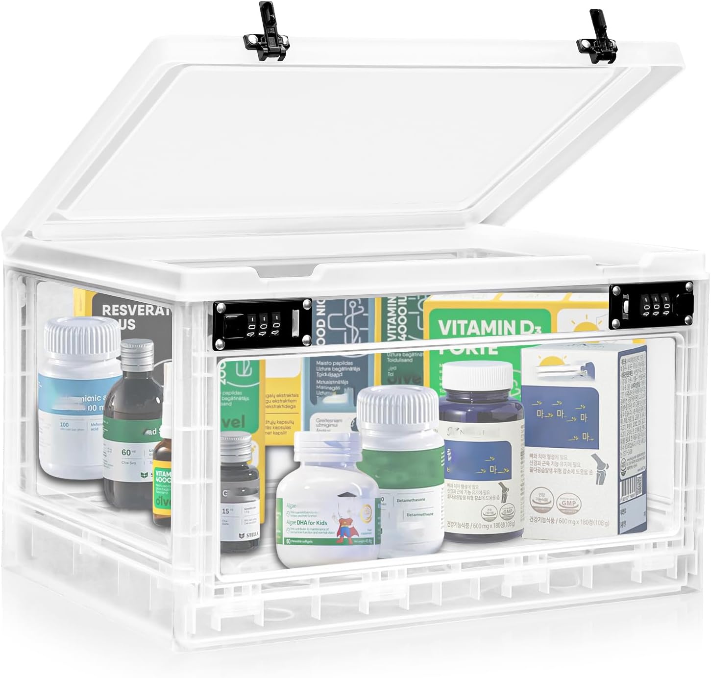 Large Medicine Lock Box with Dual 3-Digit Combination Locks, 24L Lockable Storage Box for Medication, Snacks, Phone, and Electronics - BPA-Free Organizer Bin for Home, Office, Fridge, and Safety