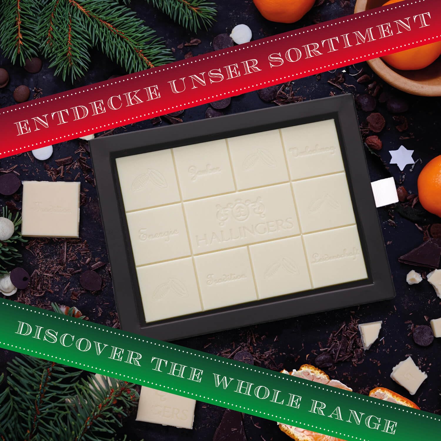 Hallingers Genuss Manufaktur Weiße Schokolade Weihnachts-Geschenk - Tafel handgeschöpfter Edelkakao ohne Alkohol edler Karton 10x "Der Nikolaus wa..." Mandarine-Zimt, Weihnachten für Frauen Männer